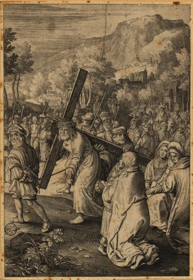 Jesus Cristo carregando a cruz a caminho do Monte das Oliveiras